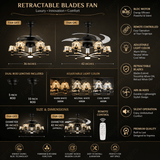 Ceiling Fan Chandelier with 3 Layer Crystal Black Gold and Remote Control 4 Retractable ABS Blades - Warm White