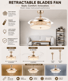 Invisible Ceiling Fan Chandelier Crystal and Remote Control 4 Retractable ABS Blades - Warm White