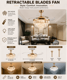 Gold Metal Spike Crystal Ceiling Fan Chandelier Quiet 42 Inch Tube Rose Gold Retractable - Warm White