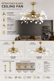 Invisible Gold Firefly Ceiling Fan Chandelier and Remote Control 4 Retractable ABS Blades - Warm White