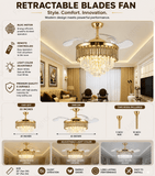Crystal Ceiling Fan Chandelier Quiet 42 Inch Tube Gold Retractable - Warm White