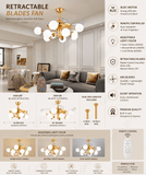 10 Light Frost Glass Ceiling Fan Chandelier  Gold Retractable Light LED 3 Color Setting Control with Remote - Warm White