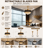 Crystal Ceiling Fan Chandelier Luxury Hiding Quiet 42 Inch Gold Retractable Ceiling Fan Light LED 3 Color Setting, Dual Control-Remote - Warm White