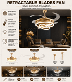 Invisible Golden Rings Ceiling Fan Chandelier with Remote Control 4 Retractable ABS Blades - Warm White