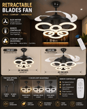 6 Black Ring Ceiling Fan Chandelier with Remote Control Retractable Blades for Livinng Dining Room