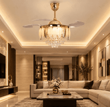 Feather Glass Crystal Ceiling Fan Chandelier Luxury 42 Inch Gold Retractable Light LED 3 Color Setting Control with Remote - Warm White