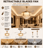Feather Glass Crystal Ceiling Fan Chandelier Luxury 42 Inch Gold Retractable Light LED 3 Color Setting Control with Remote - Warm White