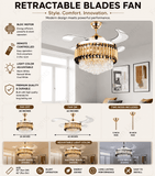 Invisible Gold Black Ceiling Fan Chandelier with K9 Crystal and Remote Control 4 Retractable ABS Blades - Warm White