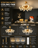 8 LIGHT Oval Crystal CEILING FAN CHANDELIER GOLD RETRACTABLE LIGHT LED 3 COLOR SETTING CONTROL WITH REMOTE - WARM WHITE