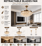 Invisible Gold Ceiling Fan Chandelier with K9 Crystal and Remote Control Retractable ABS Blades - Warm White