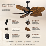 52 Inch Wind Wooden Palm Leaf ceiling fan remote Controlled - Dark Wood
