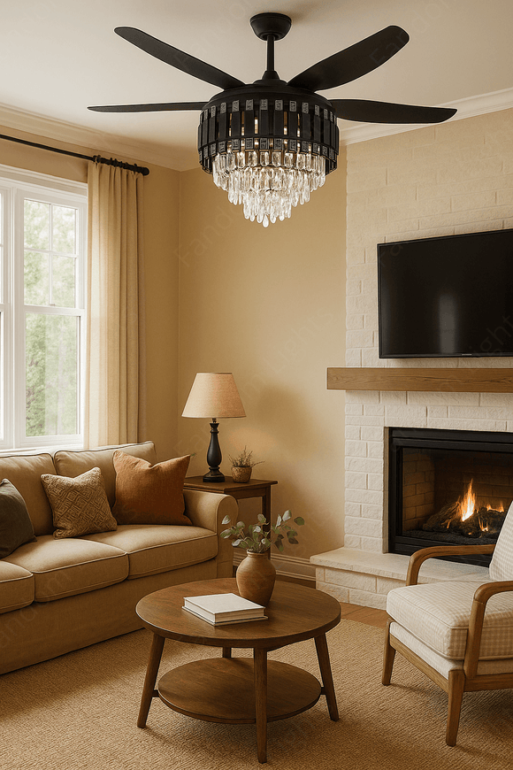 52 Inch Crystal Ceiling Fan Black Gold Chandelier Remote Control 6 Blades - Warm White