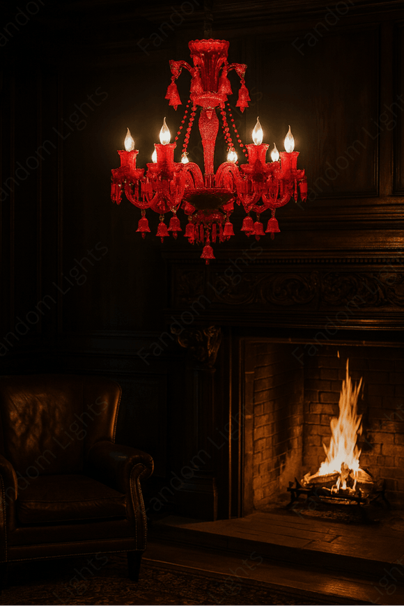 8 LIGHT Coral Red GLASS ITALIAN CHANDELIER LIGHT FOR DINING HALL