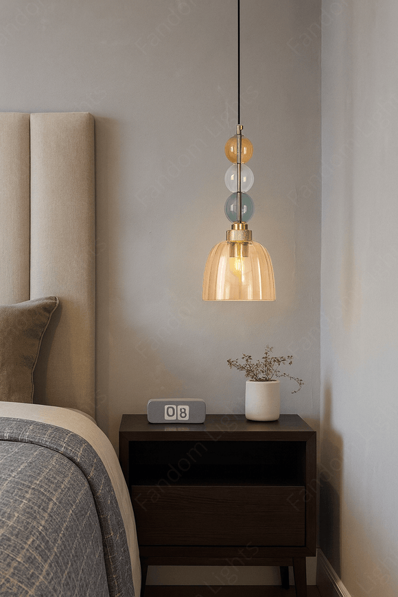 Amber Glass Pendant Light for Bedside Hanging Light - Warm White