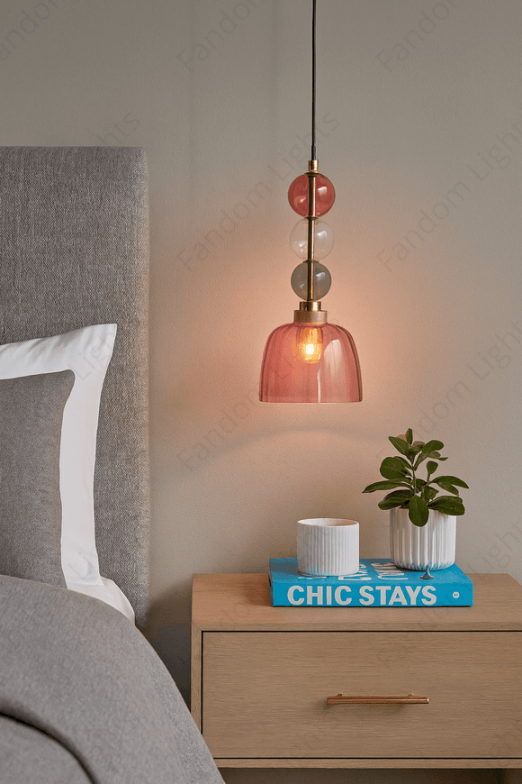 Rose Gold Glass Pendant Light for Bedside Hanging Light - Warm White