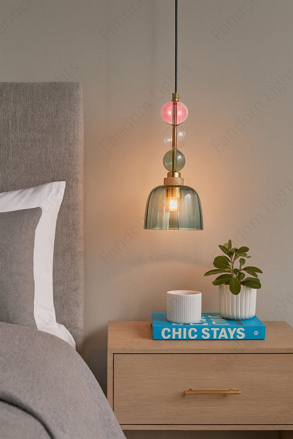 Green Glass Pendant Light for Bedside Hanging Light - Warm White