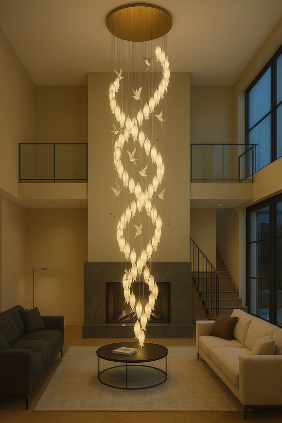 Double Spiral Bird Cage LED DOUBLE HEIGHT STAIR CHANDELIER - WARM WHITE