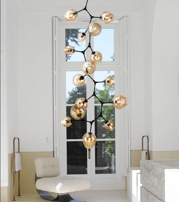 11-LIGHT Amber GLASS Black DOUBLE HEIGHT LONG CHANDELIER - WARM WHITE - Ashish Electrical India