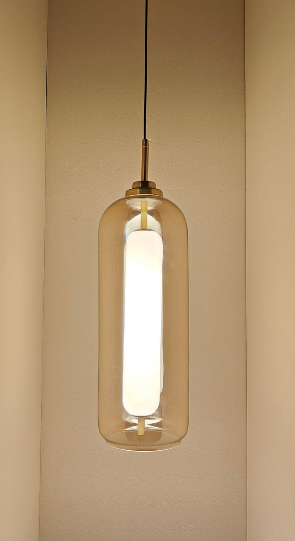 LED Neon Gold Long Amber Glass Pendant Lamp Ceiling Light - Warm White
