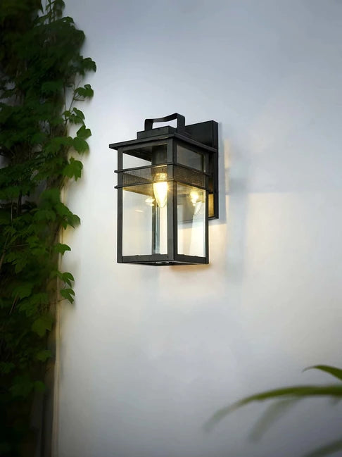Black Matt Outdoor Wall Light with Glass Shade - Warm White