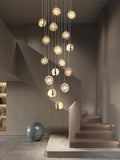 12-LIGHT LED Acrylic Gold Ball DOUBLE HEIGHT LONG CHANDELIER - WARM WHITE