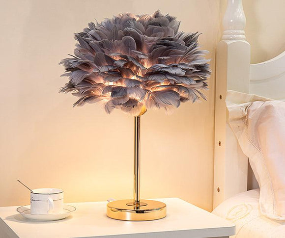 Desk Table Lamp with Grey Cotton Feather Shade Gold Home and Office Use - Warm White