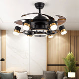 6 Light Black Gold Ceiling Fan Chandelier Crystal and Remote Controled for Living Room Drawing Room - Warm White