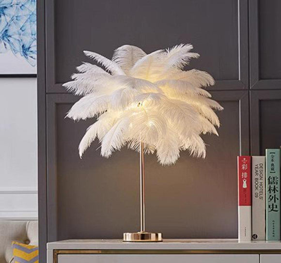 Desk Table Lamp with Feather Shade Gold Home and Office Use - Warm White
