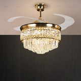 Invisible Gold Ceiling Fan Chandelier with K9 Crystal and Remote Control Retractable ABS Blades - Warm White