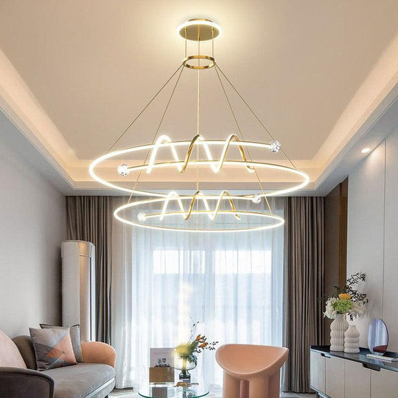 2 Layer Curl Rings Modern Gold LED Chandelier Hanging Suspension Lamp - Warm White - Ashish Electrical India