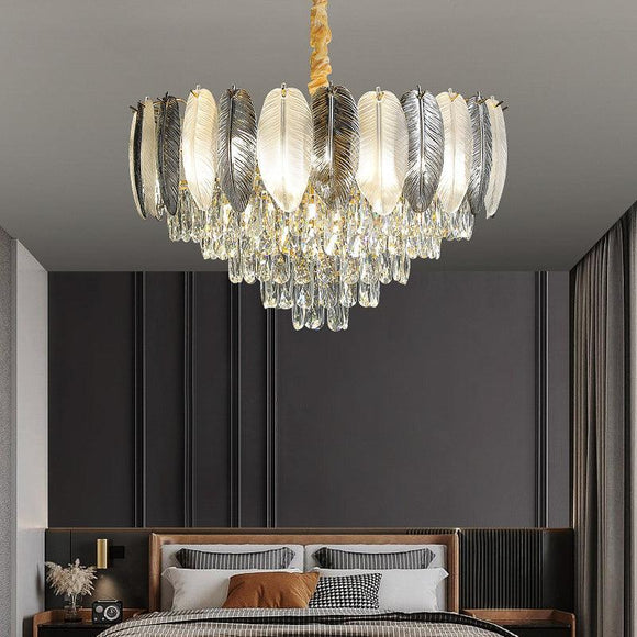 600 MM Feather Glass Crystal Gold Metal LED Chandelier Hanging Suspension Lamp - Warm White - Ashish Electrical India