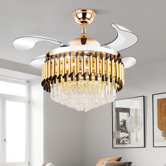 Invisible Gold Black Ceiling Fan Chandelier with K9 Crystal and Remote Control 4 Retractable ABS Blades - Warm White