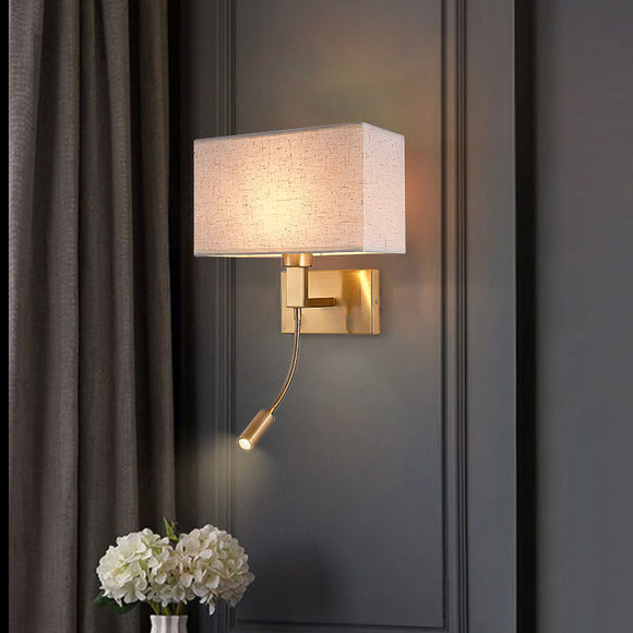 Wall Lamp Electroplated Brushed Brass Fabric Shade with Spot Bedside Light - Warm White