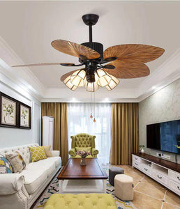 52 INCH WIND WOODEN PALM LEAF CEILING FAN REMOTE CONTROLLED With 3 Lights - DARK WOOD