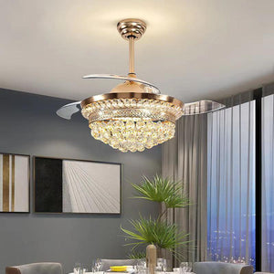 Invisible Ceiling Fan Chandelier with Crystal and Remote Control Retractable ABS Blades - Warm White