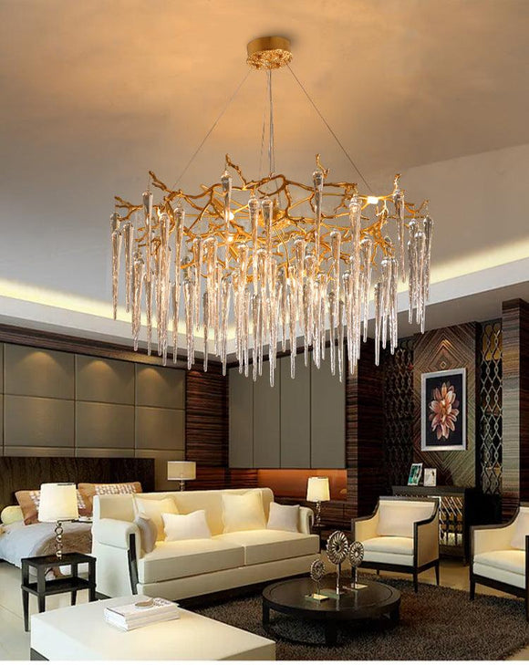 600 MM Long Crystal Spike Glass Gold Metal LED Chandelier Hanging Suspension Lamp - Warm White - Ashish Electrical India