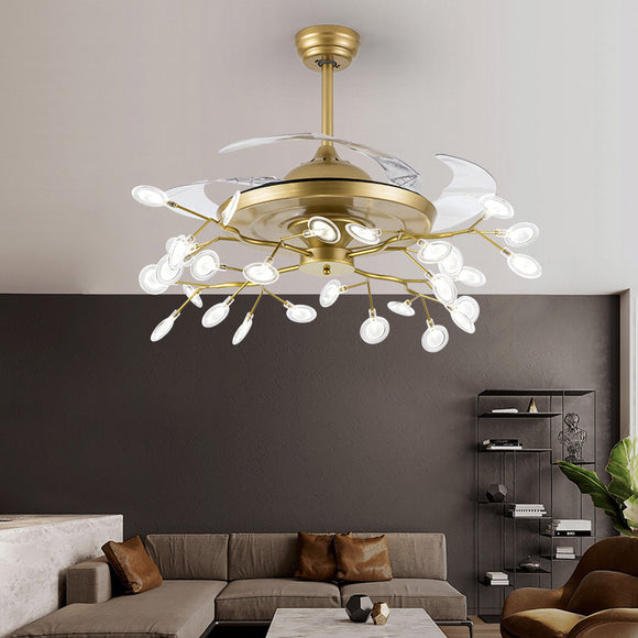 Invisible Gold Firefly Ceiling Fan Chandelier and Remote Control 4 Retractable ABS Blades - Warm White
