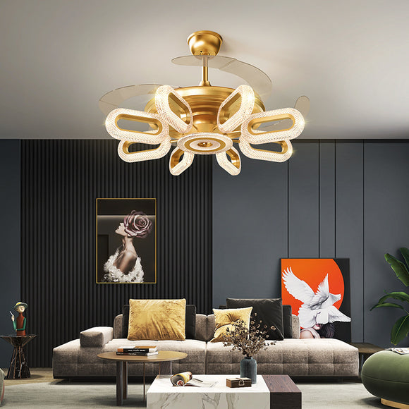 8 LIGHT Oval Crystal CEILING FAN CHANDELIER GOLD RETRACTABLE LIGHT LED 3 COLOR SETTING CONTROL WITH REMOTE - WARM WHITE