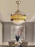 Invisible Gold Black Ceiling Fan Chandelier with K9 Crystal and Remote Control 4 Retractable ABS Blades - Warm White