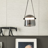 1 Light LED Glass Smokey Black Pendant Lamp with Leather Strap Ceiling Light - Warm White