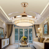 Ceiling Fan Chandelier with 2 Layer Crystal Gold and Remote Control 4 Retractable ABS Blades - Warm White
