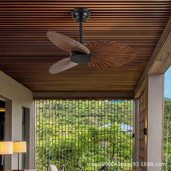 32 Inch Wind Wooden Palm Leaf ceiling fan remote Controlled - Dark Wood