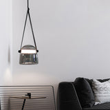 1 Light LED Glass Smokey Black Pendant Lamp with Leather Strap Ceiling Light - Warm White