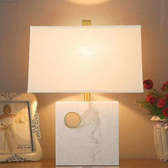 Desk Table Lamp with White Fabric Shade Marble Base for Home and Office Use - Warm White
