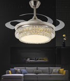 Ceiling Fan Chandelier with 2 Layer Crystal Silver and Remote Control 4 Retractable ABS Blades - Warm White
