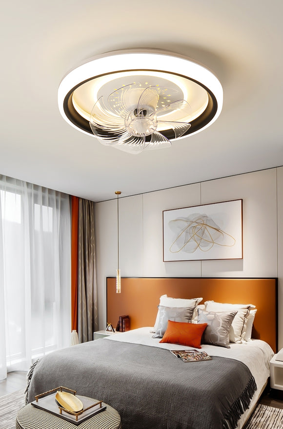 500MM Round Black Low Height Ceiling Light with Fan LED Chandelier - Warm White