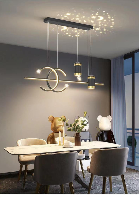 Led Gold Black Body Linear LED Chandelier Light Hanging Lamp with Star Projection - Warm White