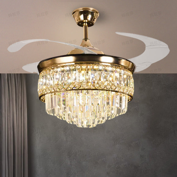 Invisible Gold Ceiling Fan Chandelier with K9 Crystal and Remote Control Retractable ABS Blades - Warm White