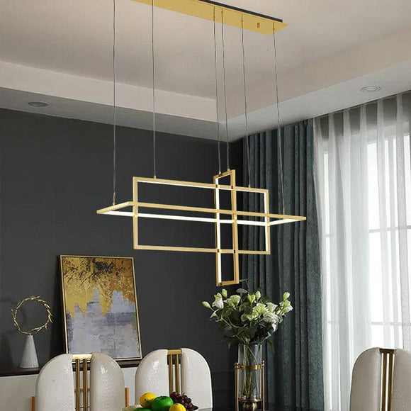 3 Light 3 Rectangular Ring Brass Gold Modern Double LED Chandelier for Dining Living Room Office Hanging Suspension Lamp - Warm White - Ashish Electrical India