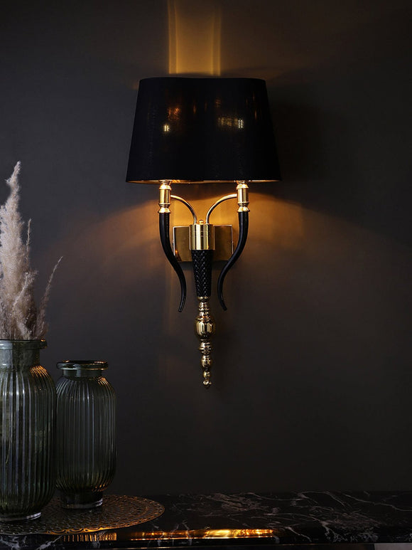 Luxury Black Antique Wall Lamp Electroplated Brushed Brass Fabric Shade